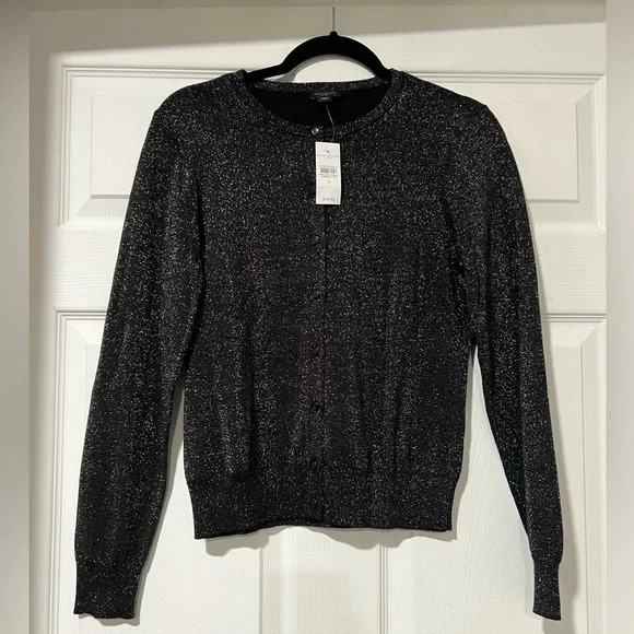 Ann Taylor Long Sleeve Button Up Cardigan Sweater Medium Black Metallic Sparkle - Picture 6 of 6
